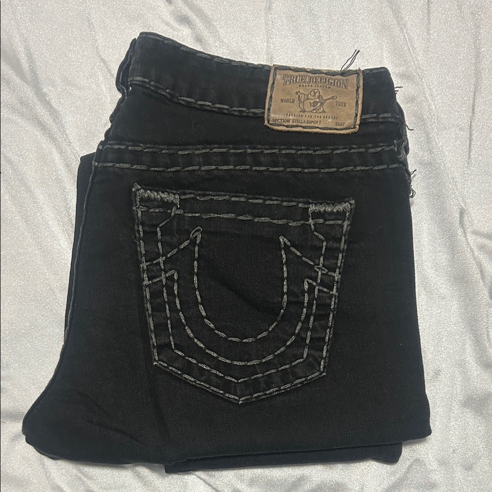 Vintage True Religion Women's Dark Jeans with Contrast Stitching